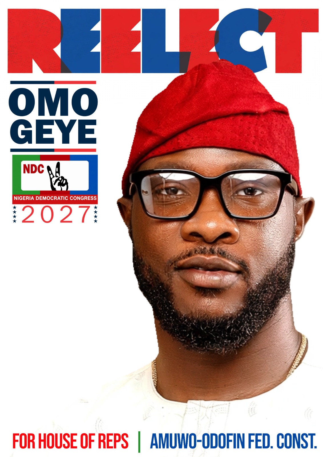 Omogeye in a red cap with the NDC campaign mark