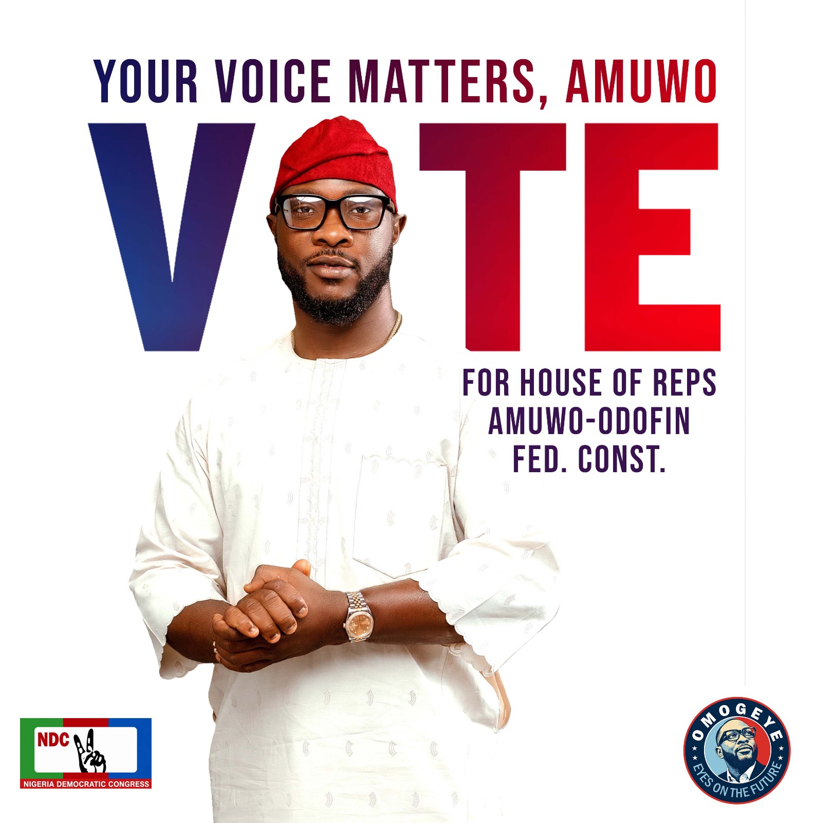 Omogeye standing beside a vote message